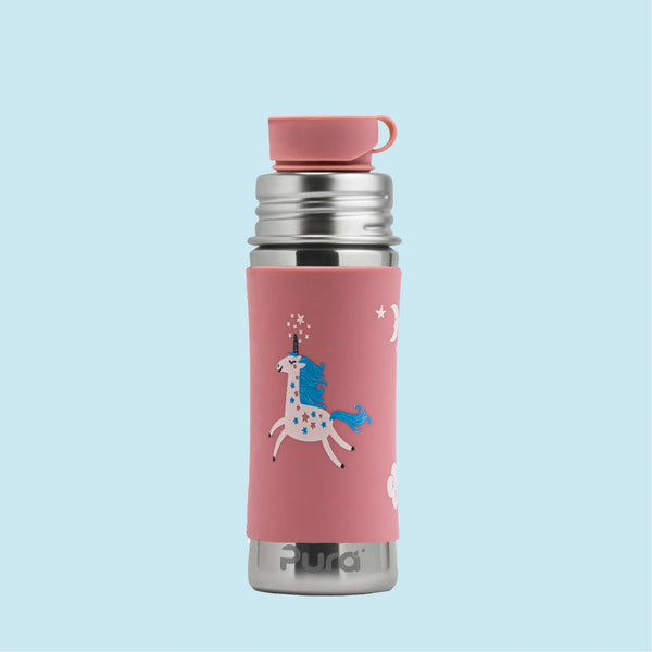 Plastfri drikkeflaske for barn 325 ml i rustfritt stål med sportslokk, rosa unicorn - Pura Kiki